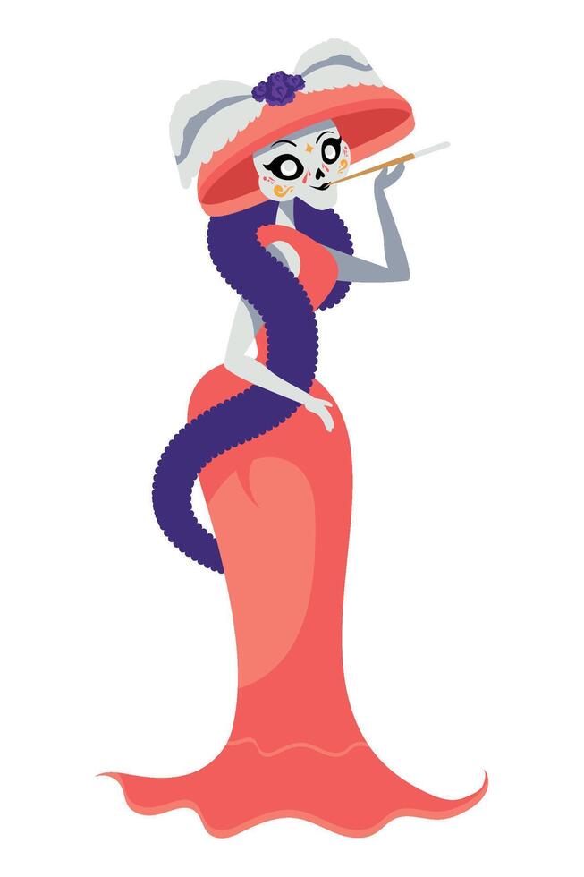 A cartoon Catrina woman character in a pink dress and hat vector