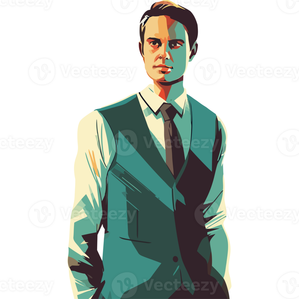 A man in a suit and tie standing with his hands in his pockets png