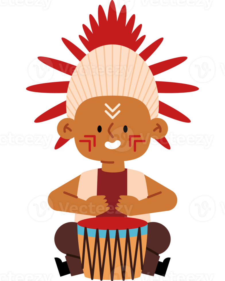 A cartoon native american boy playing a drum png