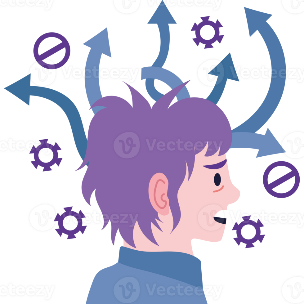 Illustration of a person with a purple hair and a lot of arrows coming out of his head png