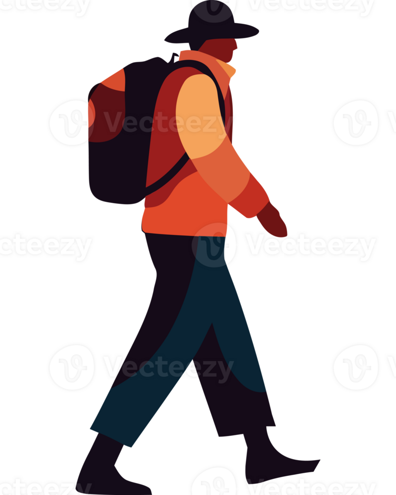 A man with a backpack walking in a flat style png