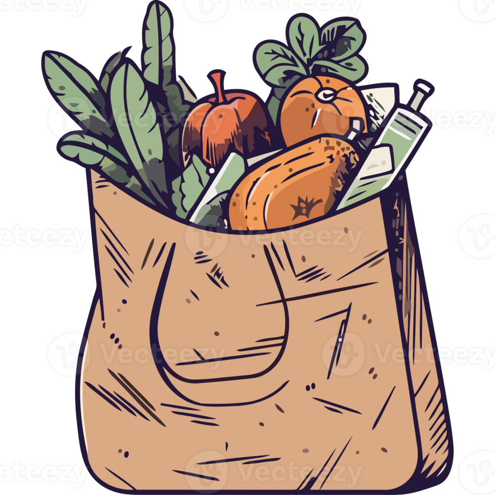 A grocery bag full of vegetables and fruits png