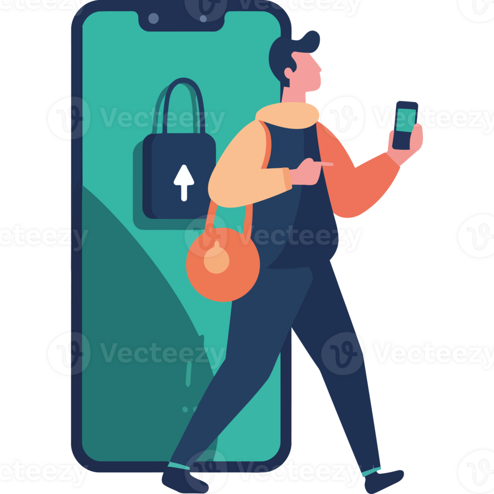 Man holding a bag and walking with a smartphone png