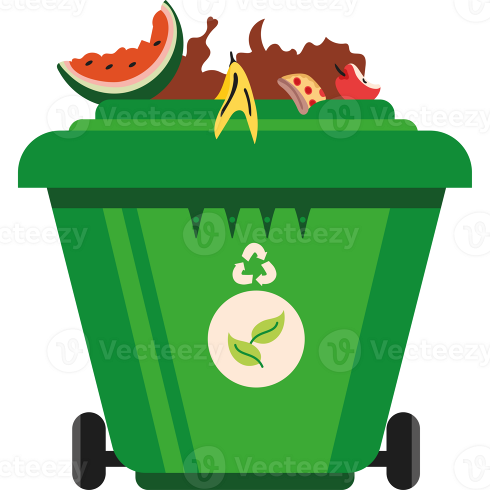 A green trash can with fruit and vegetables png