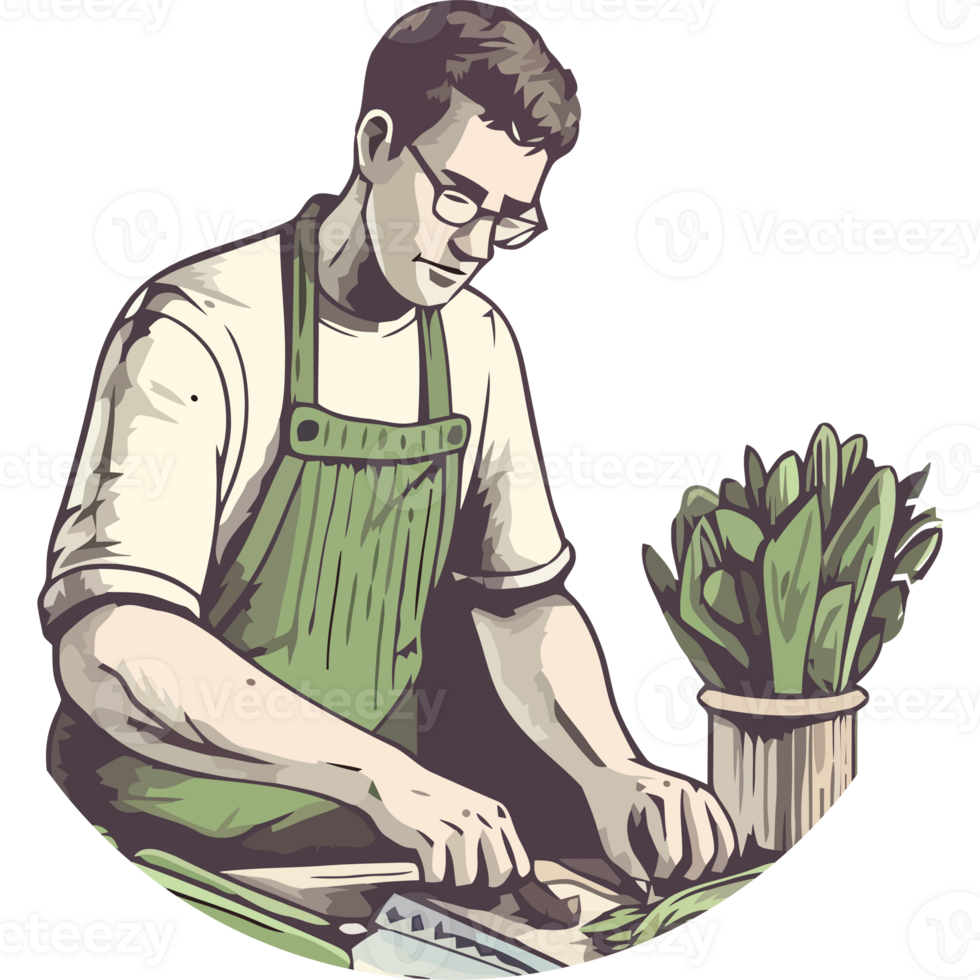 A man in apron cutting vegetables in a kitchen png