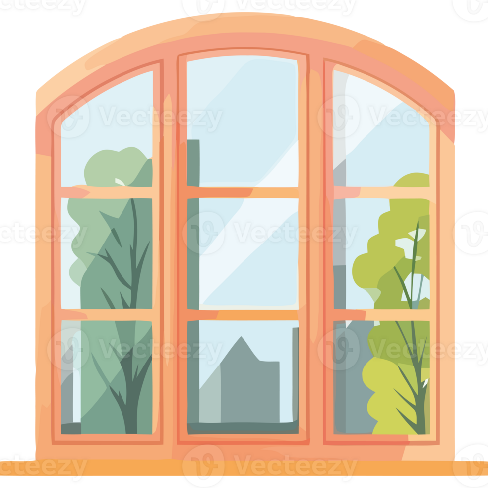 An open window with trees and buildings in the background png