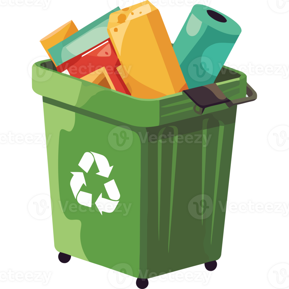 A green trash can with various items in it png