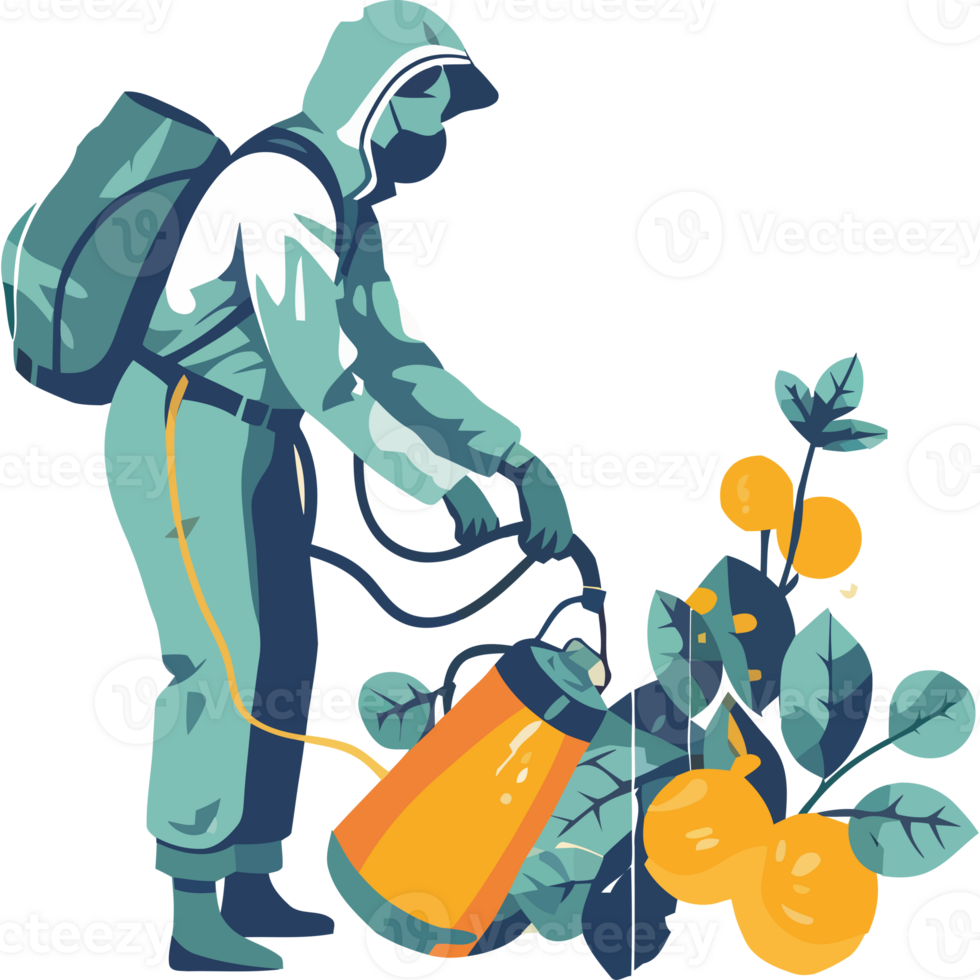 A man in a protective suit spraying oranges with a sprayer png