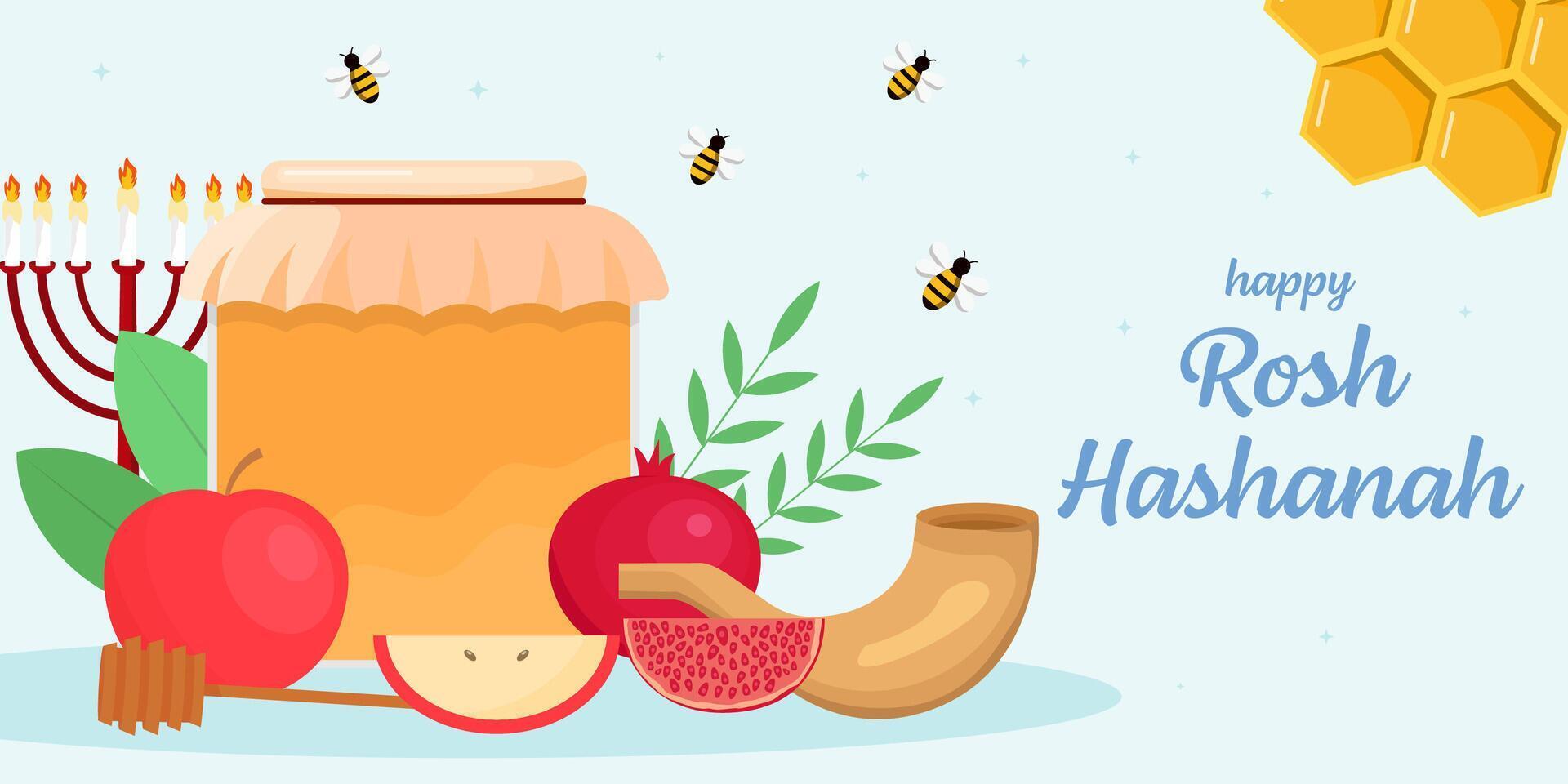 happy rosh hashanah horizontal banner illustration vector