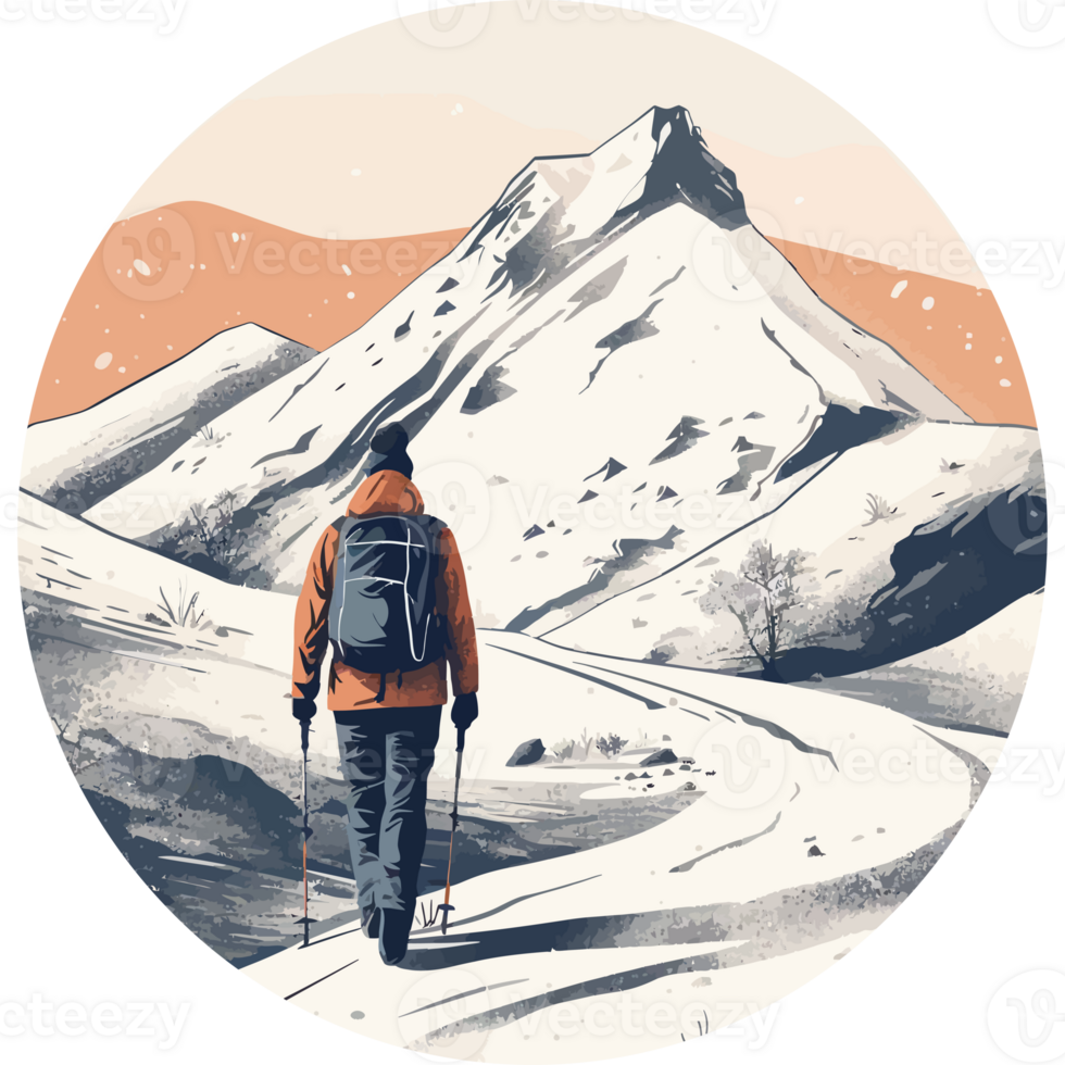 A person walking in the snow with a backpack png