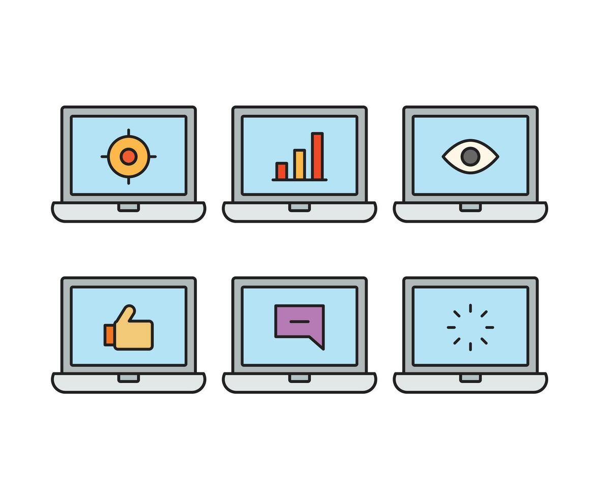 laptop computer and thumb up, loading, message and graph icons vector