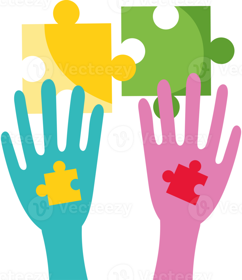 Two hands holding a puzzle piece with a colorful piece png