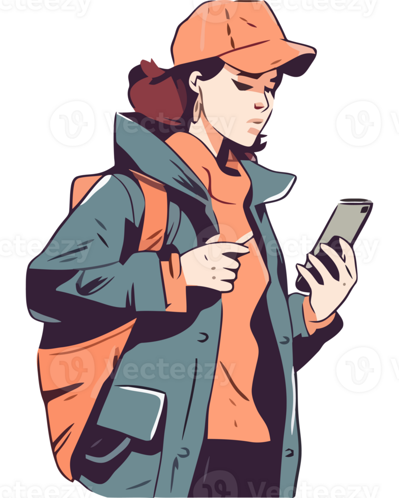 A girl with a backpack and a phone png