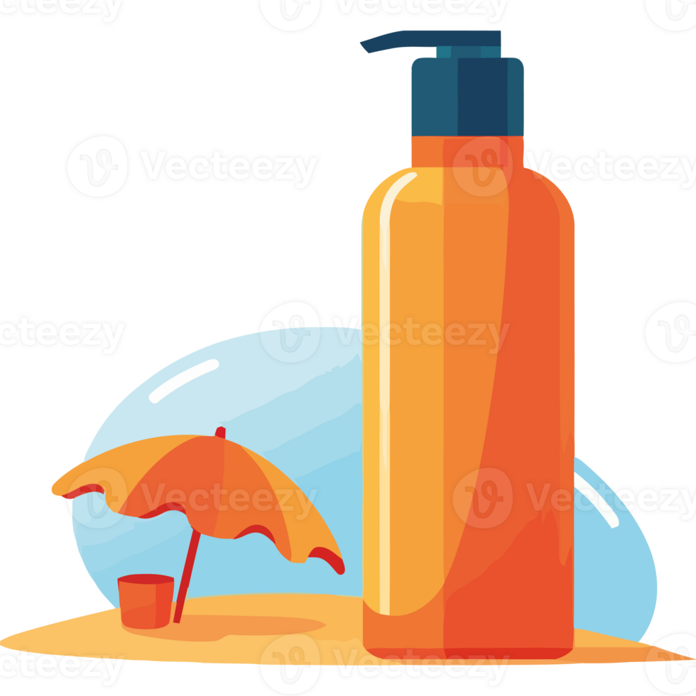 An orange bottle of sunscreen and an umbrella png