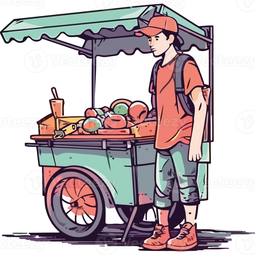 A man standing next to a cart with fruit png
