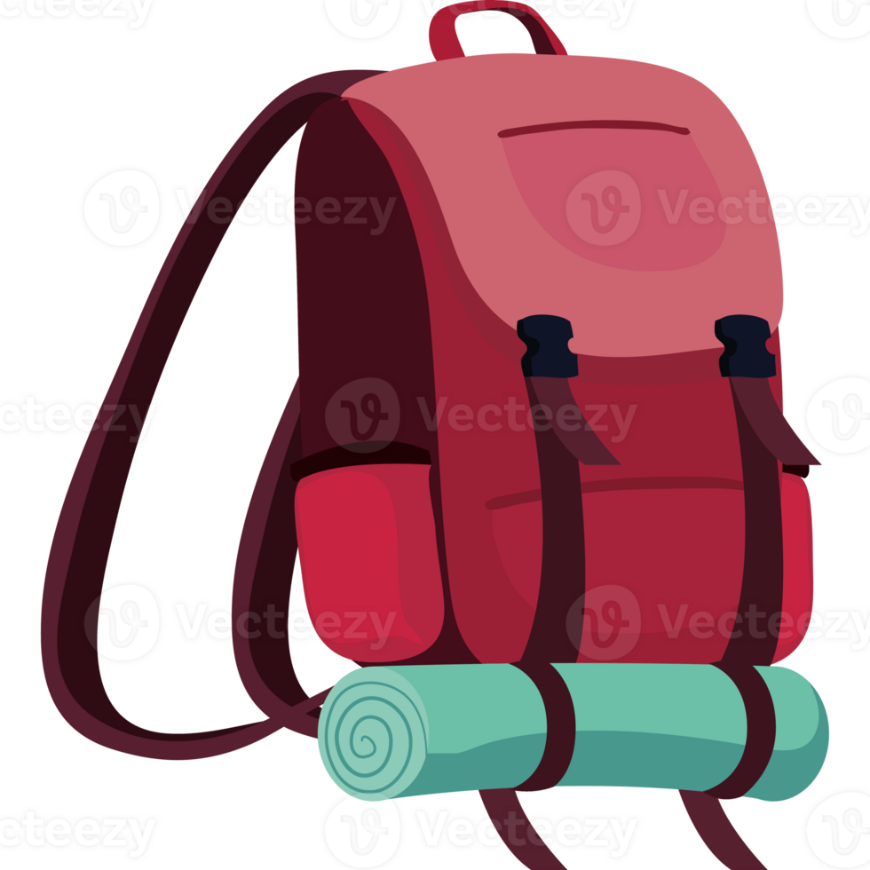 A red backpack with a towel and a towel png