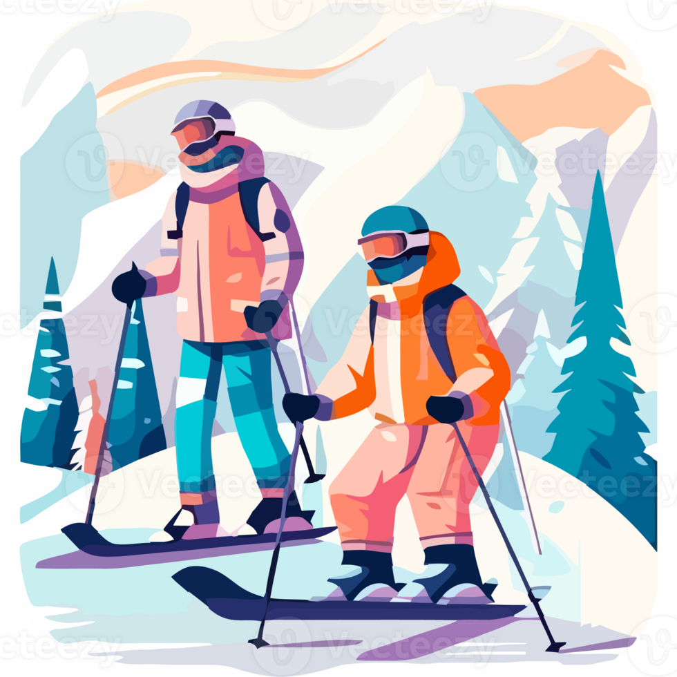 Two people on skis in the snow png