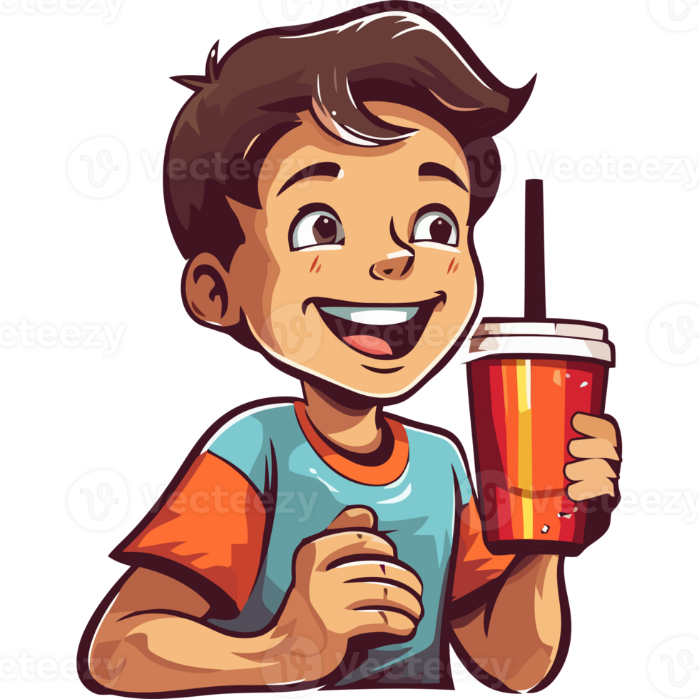 A cartoon boy holding a drink and smiling png