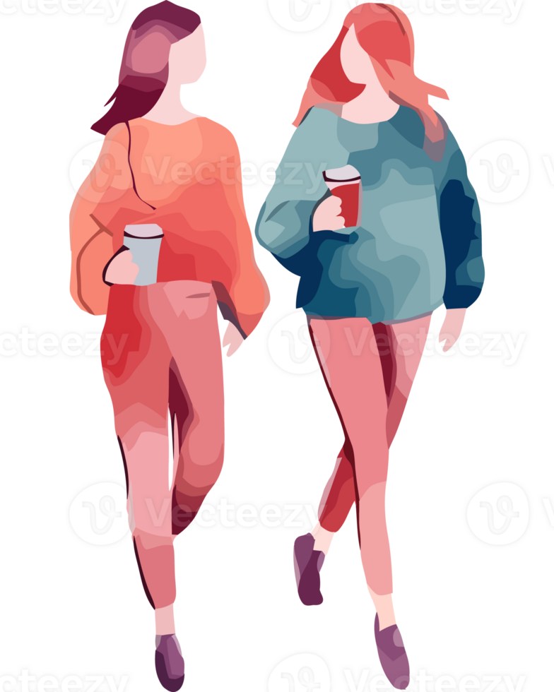 Two women walking with coffee png