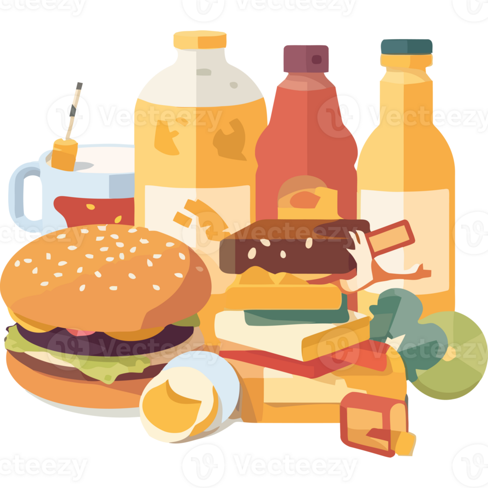 Food and drink items with a hamburger, eggs, and milk png