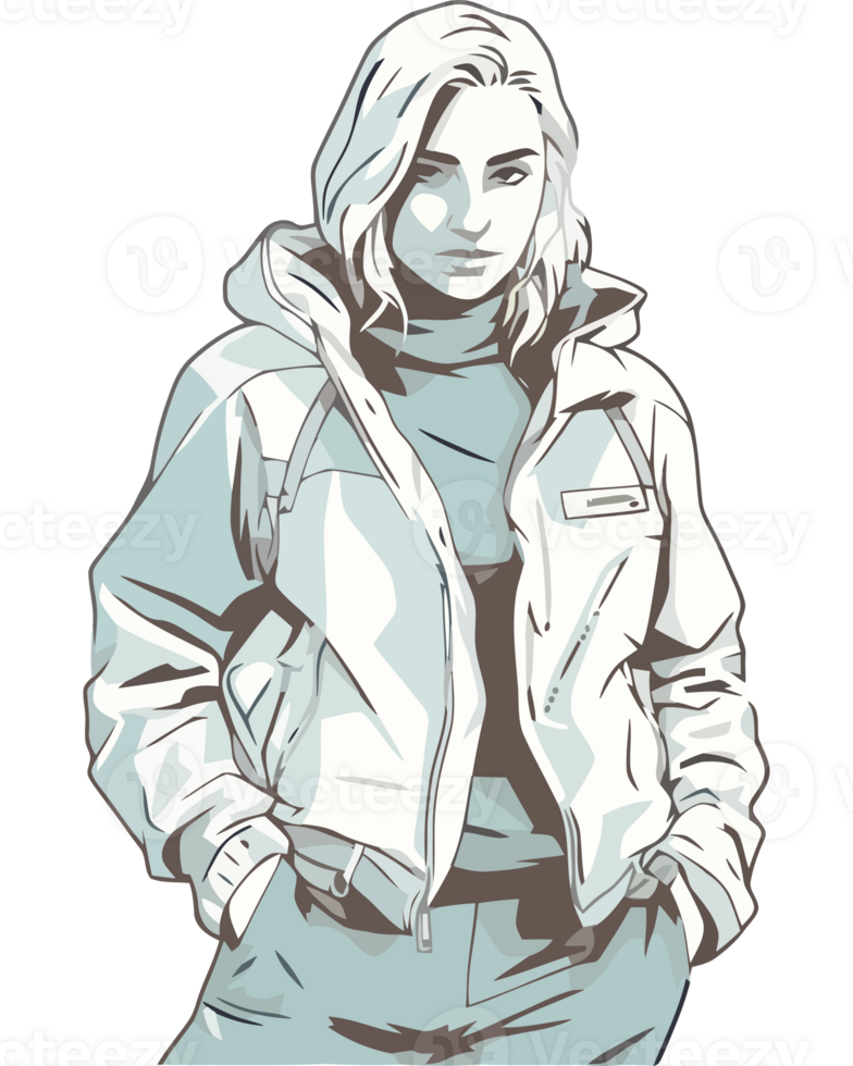 A cartoon woman in a jacket and pants png