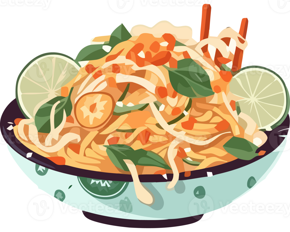 A bowl of noodles with lime slices and herbs png