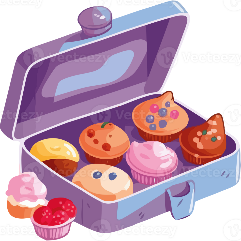 A purple suitcase with cupcakes inside png