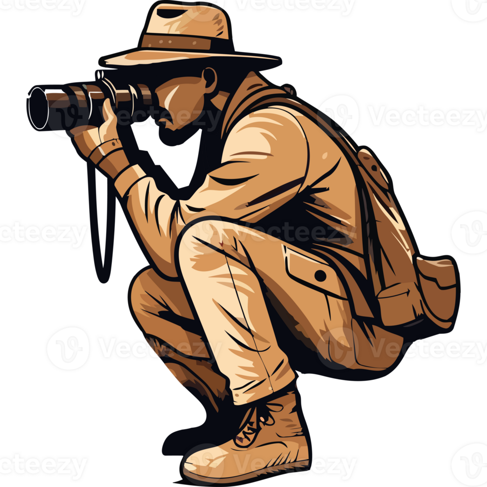 A man in a hat and hat crouches down with a camera png