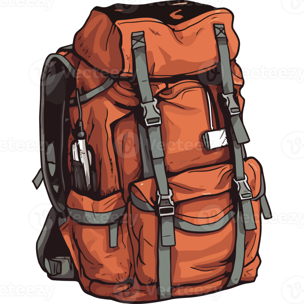 An orange backpack with straps and a laptop png