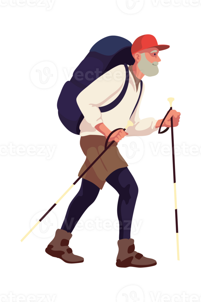 An illustration of a man with a backpack and walking sticks png