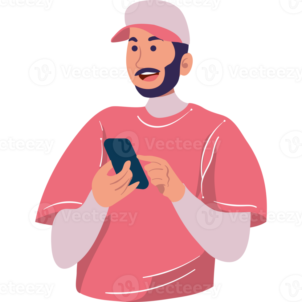 A man in a pink shirt and cap holding a phone png