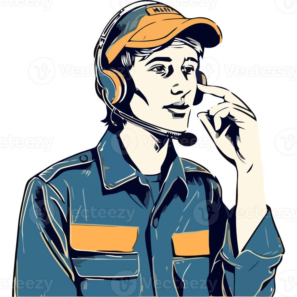 A man in a blue shirt and hat with headphones on png