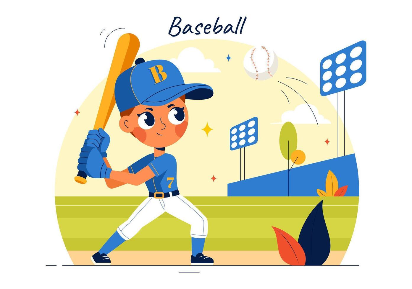 Youth Baseball Player in Uniform Hitting and Catching a Ball with a Bat and Gloves on a Stadium in Cartoon Style vector