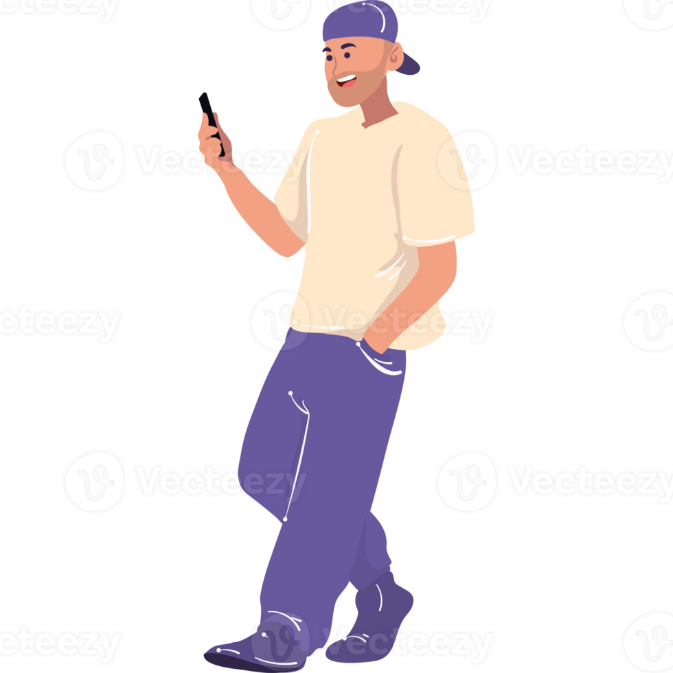 A man in a baseball cap and purple pants is holding a cell phone png