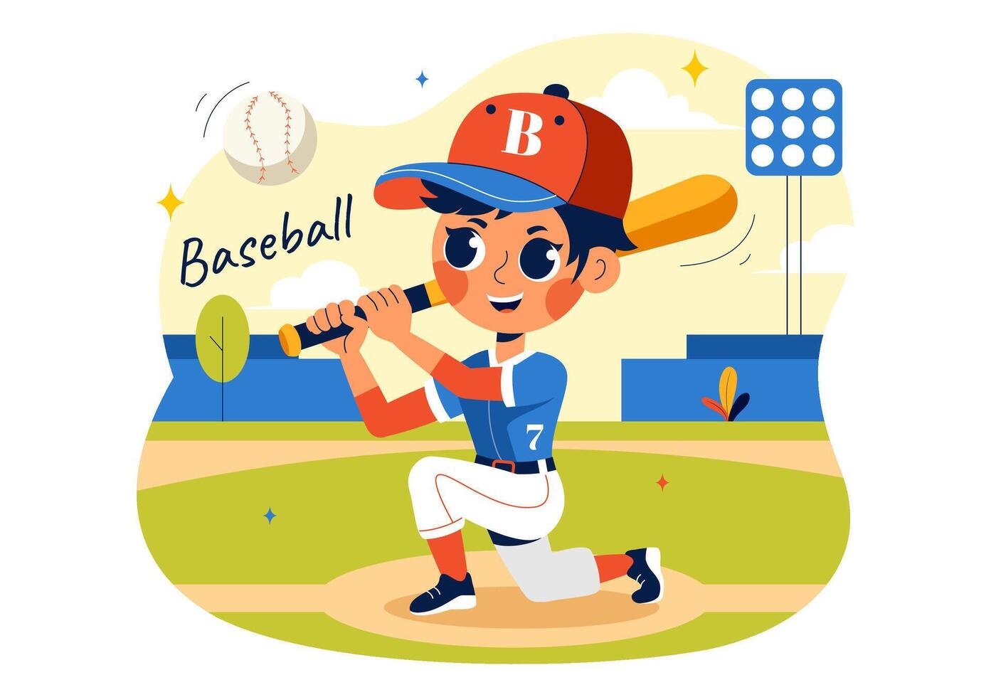 Cartoon Illustration of a Kid Baseball Player Throwing and Catching a Ball on a Stadium Field vector