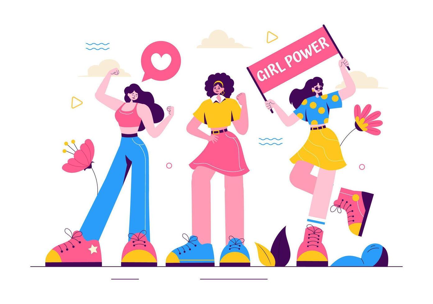 Women Empowerment Art Illustrating Strength and Independence in a Bright Cartoon Background vector
