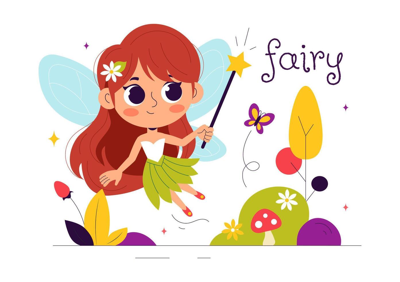 Sweet Fairy and Elf with Nature Background in Flat Cartoon Style vector