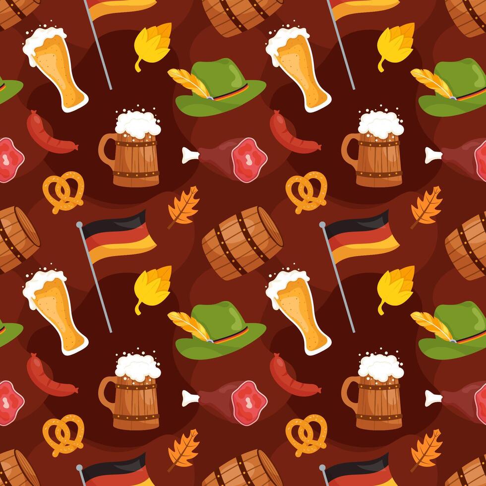 Oktoberfest Party Seamless Pattern with Bavarian Symbols in Cartoon Style vector
