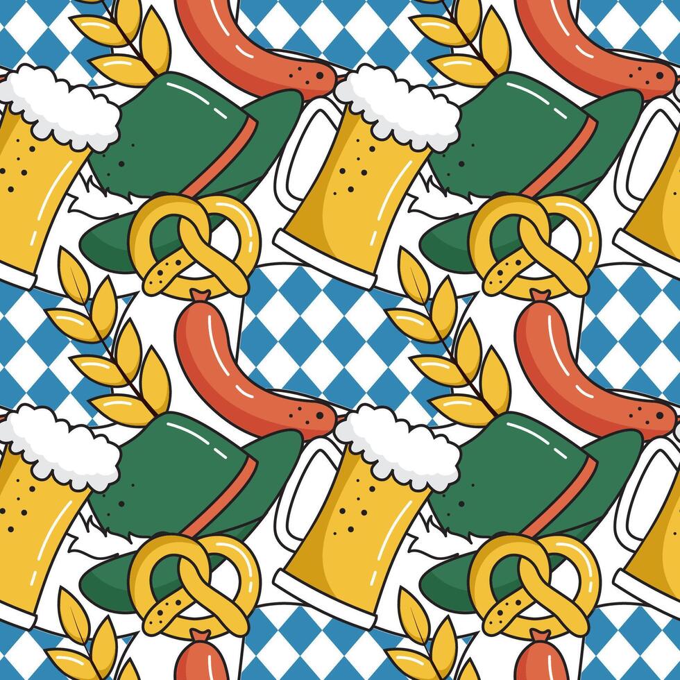 Seamless Oktoberfest Pattern with Beer, Sausages, and Pretzels in Flat Style vector