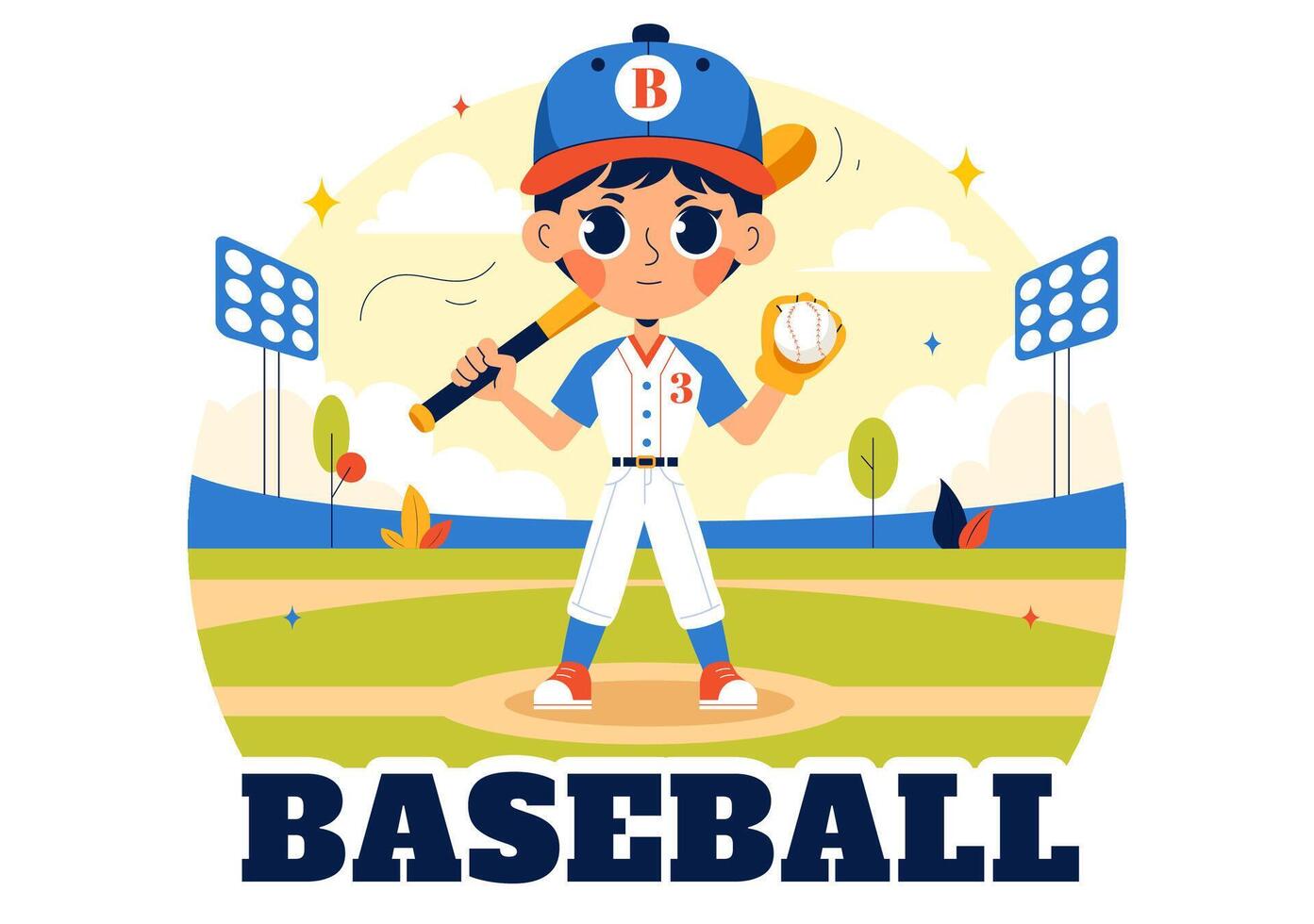 Young Baseball Player in Action Throwing, Hitting, and Catching a Ball on a Stadium Court in a Cartoon Style vector