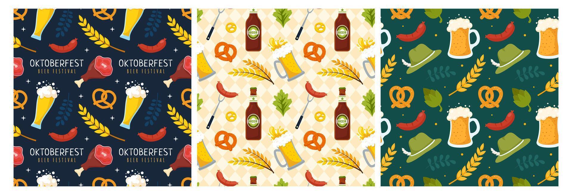 Flat Style Oktoberfest Seamless Pattern Featuring Beer and Sausages vector