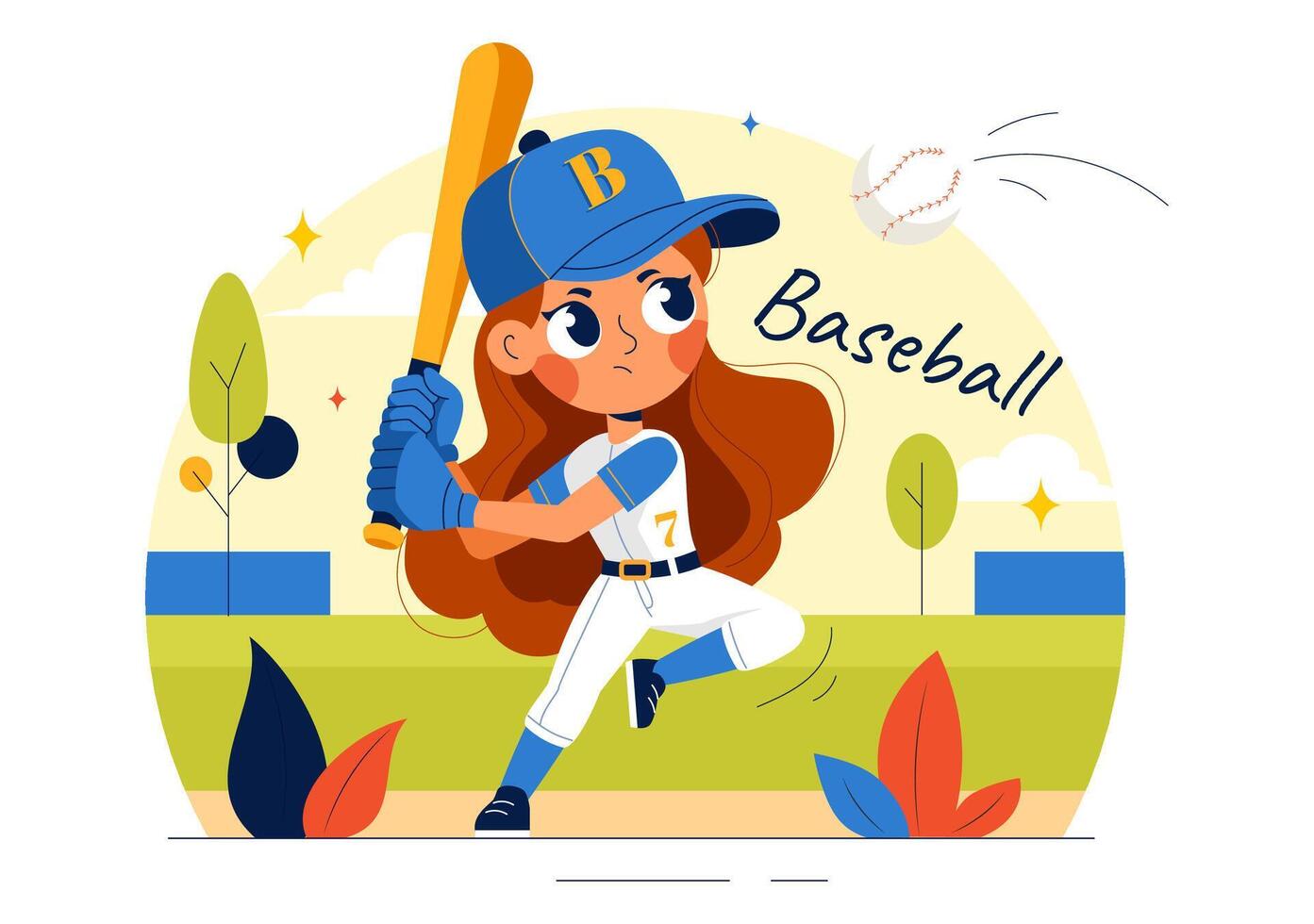 Cartoon of a Young Baseball Player in Uniform Throwing and Hitting a Ball on a Stadium Field vector
