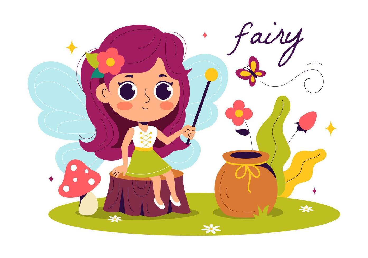 Magical Elf and Fairy with Tree and Grass in Flat Cartoon Style vector