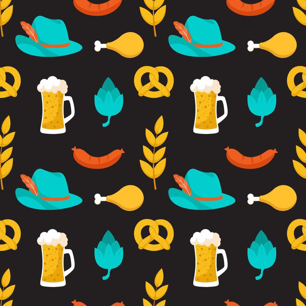 Festive Seamless Oktoberfest Pattern with Flat Cartoon Icons of Food and Beer vector