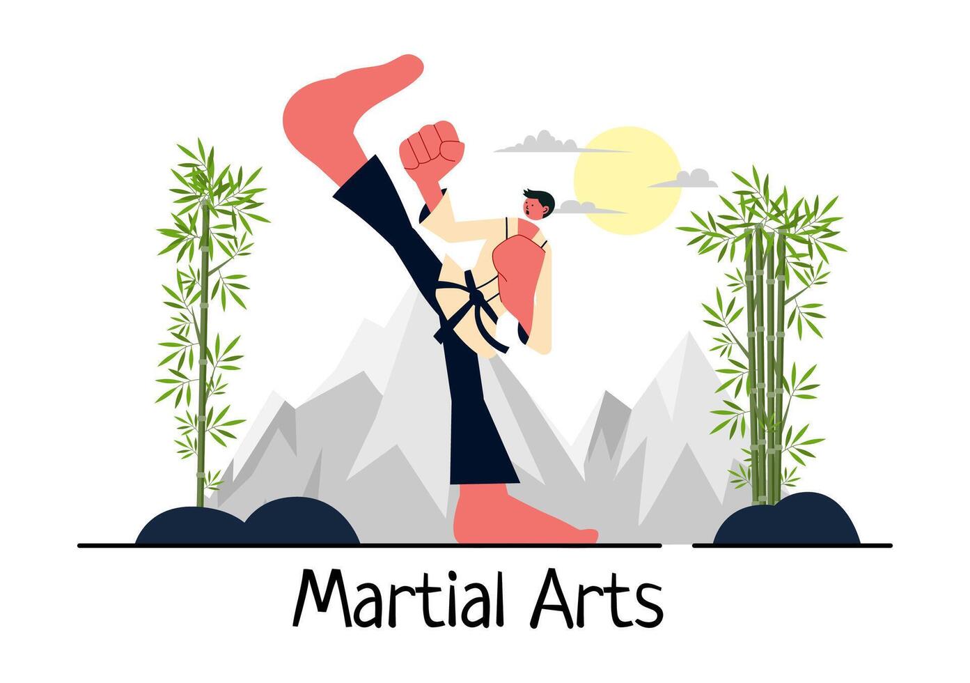Martial Arts Design of an Athlete Engaged in Karate, Demonstrating Powerful Kicks in a Flat Background vector