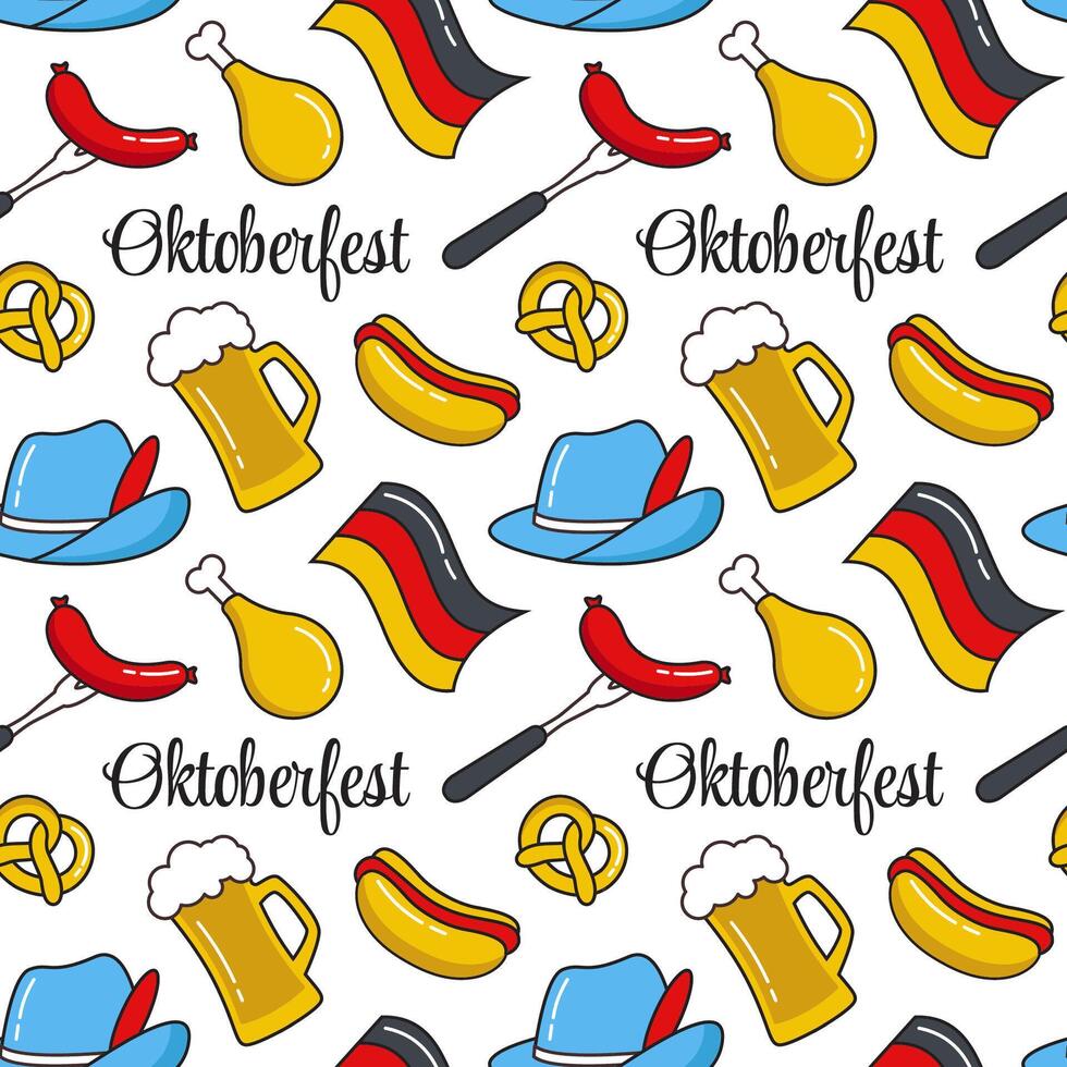 Flat Cartoon Oktoberfest Seamless Pattern with Beer Mugs and Pretzels vector