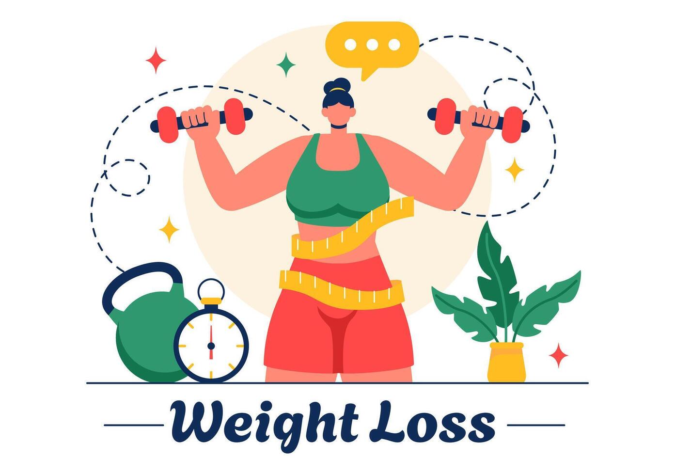 Transformation Illustration of a Woman's Weight Loss with Focus on Fitness, Diet, and Wellness in a Flat Style Background vector