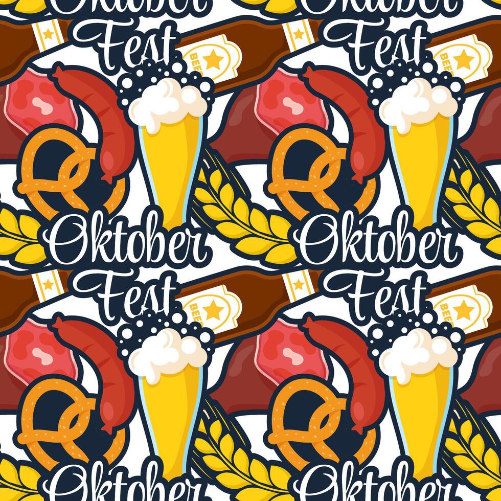 Oktoberfest Festival Seamless Pattern with Beer and Food in Flat Cartoon Style vector