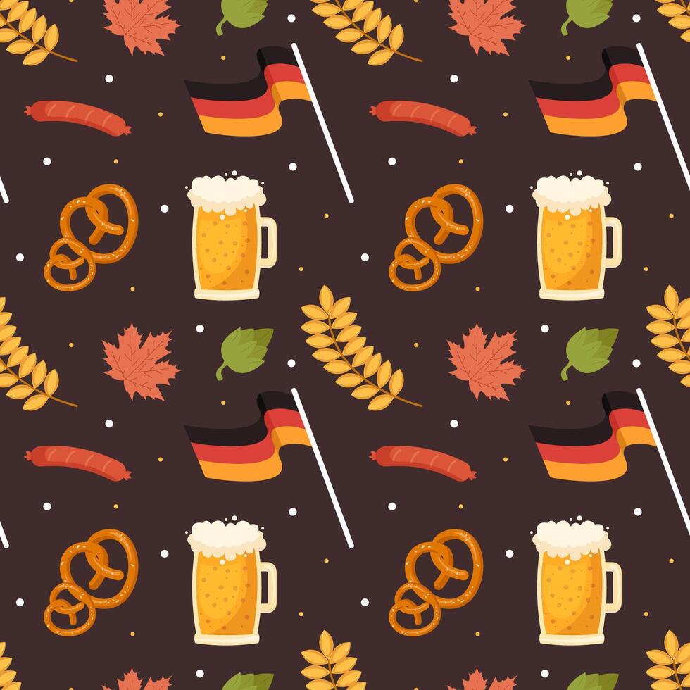 Flat Cartoon Oktoberfest Pattern Design with Beer, Sausages, and Bavarian Flags vector