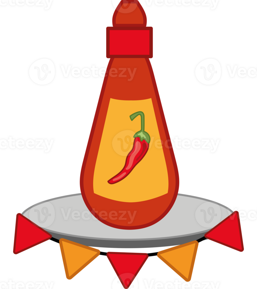 A bottle of hot sauce with chili peppers on top png